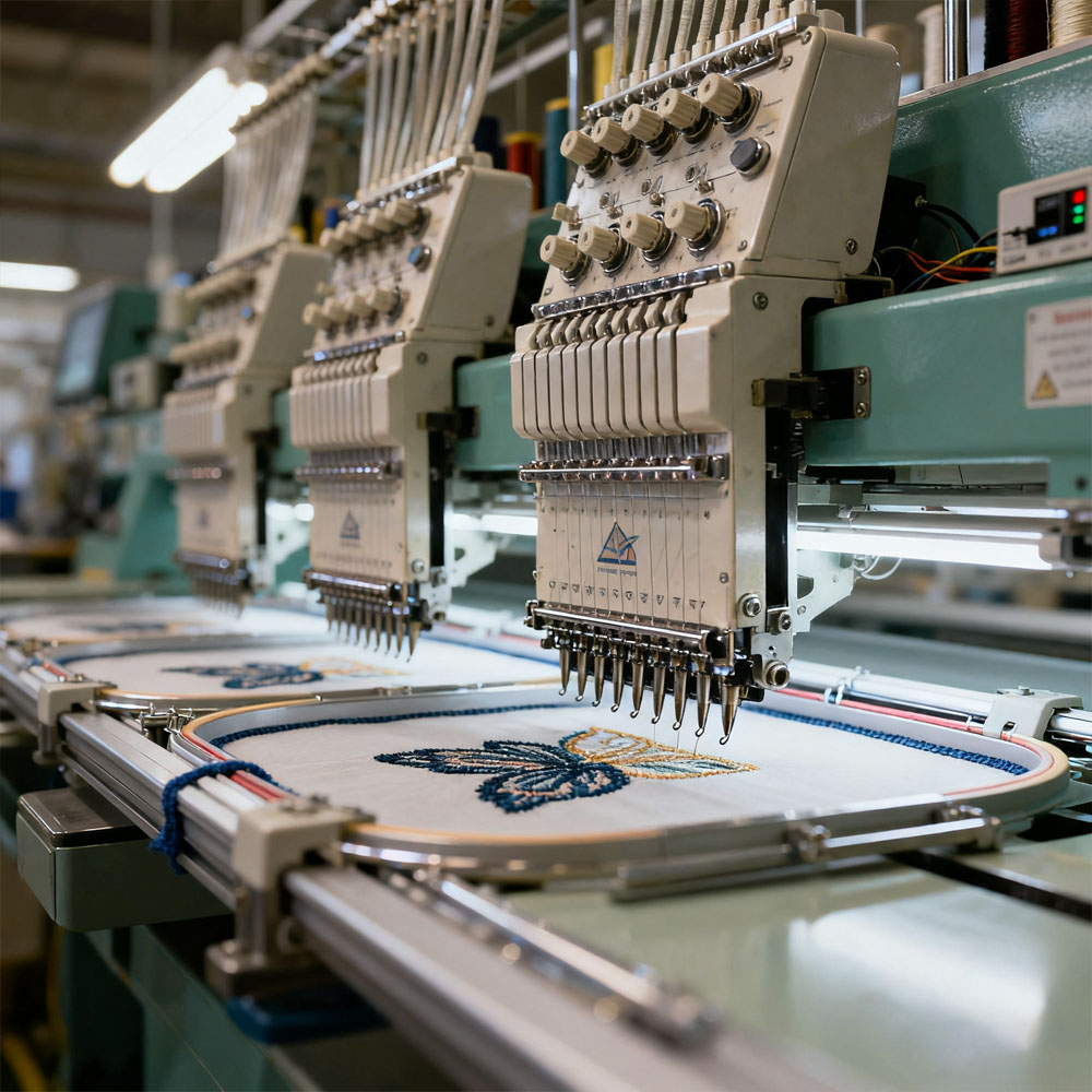 Fully automatic embroidery machine. Jiajing provides value-added services, one-stop solution for clothing printing and embroidery, packaging, label and tag customization.
